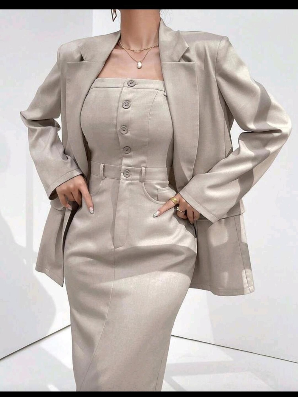 Beige Two-Piece Button Front Skirt Set